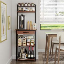 Bakers Rack with Fabric Drawer, Microwave Oven Storage Stand, Bakers Rack for Coffee Stand Station, Home Kitchen Organizer, Brown