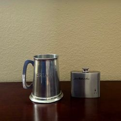 1-Pint Pewter (Engraved “Brian”) Tankard w/ Glass Base & Stainless Steel Flask