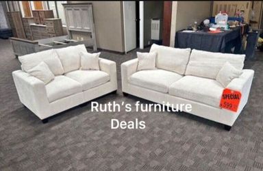 Beautiful‼️ 2-Pc Ivory Corduroy Sofa & Loveseat