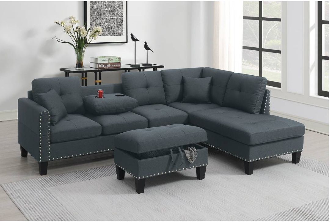 3pc Sectional Sofa W/ Storage Ottoman