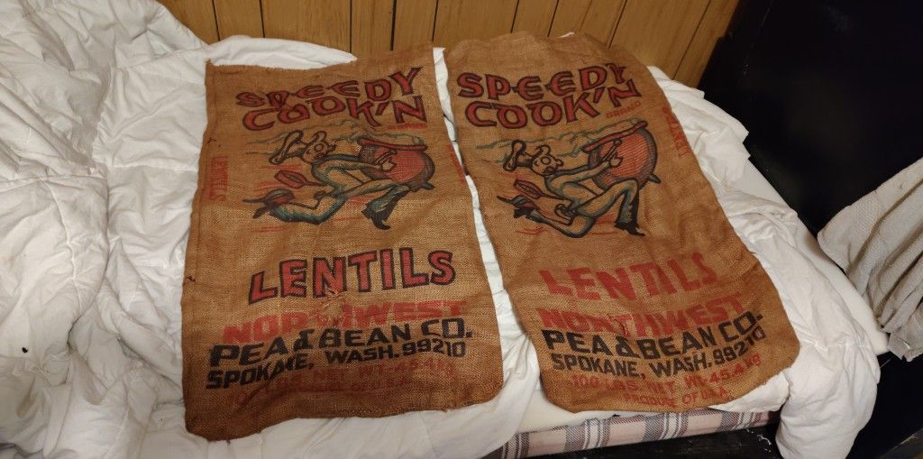 Vintage "Speedy Cook'n Lentils" burlap sacks.
