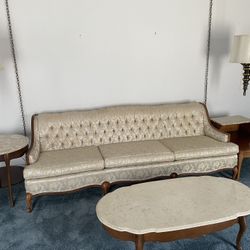 Vintage Hallcraft Hermitage House Sofa, Marble Coffee Table, And Two End Tables