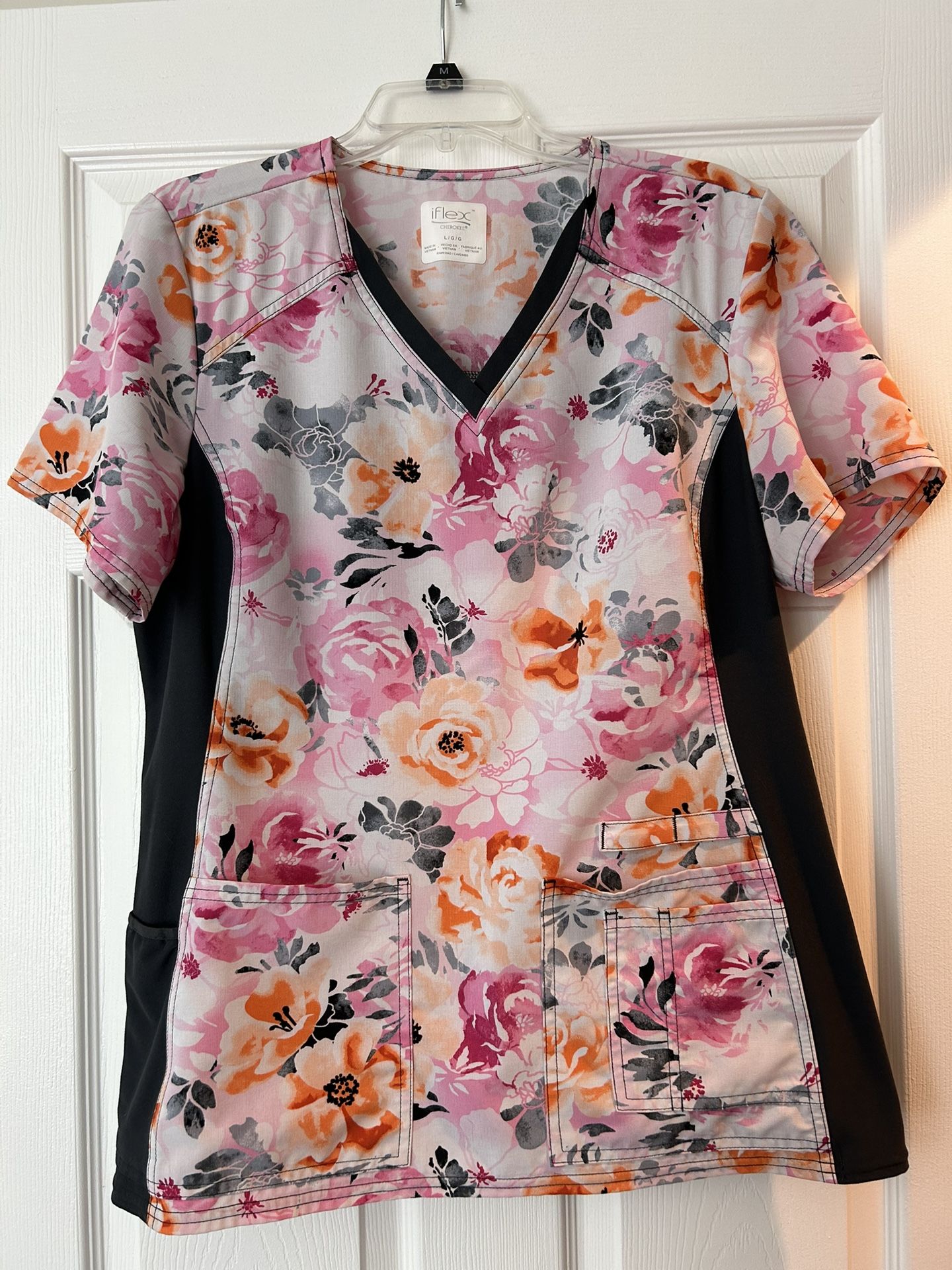 Pink And Orange Floral With Grey Scrub Top