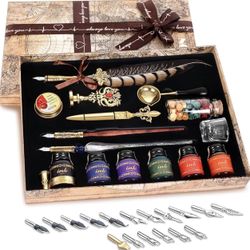 Like New NC Quill Pen Ink Set,includes quill pen,wooden And glass dip pen,6 bottles Of Ink, 17 Replaceable Nibs,spoon