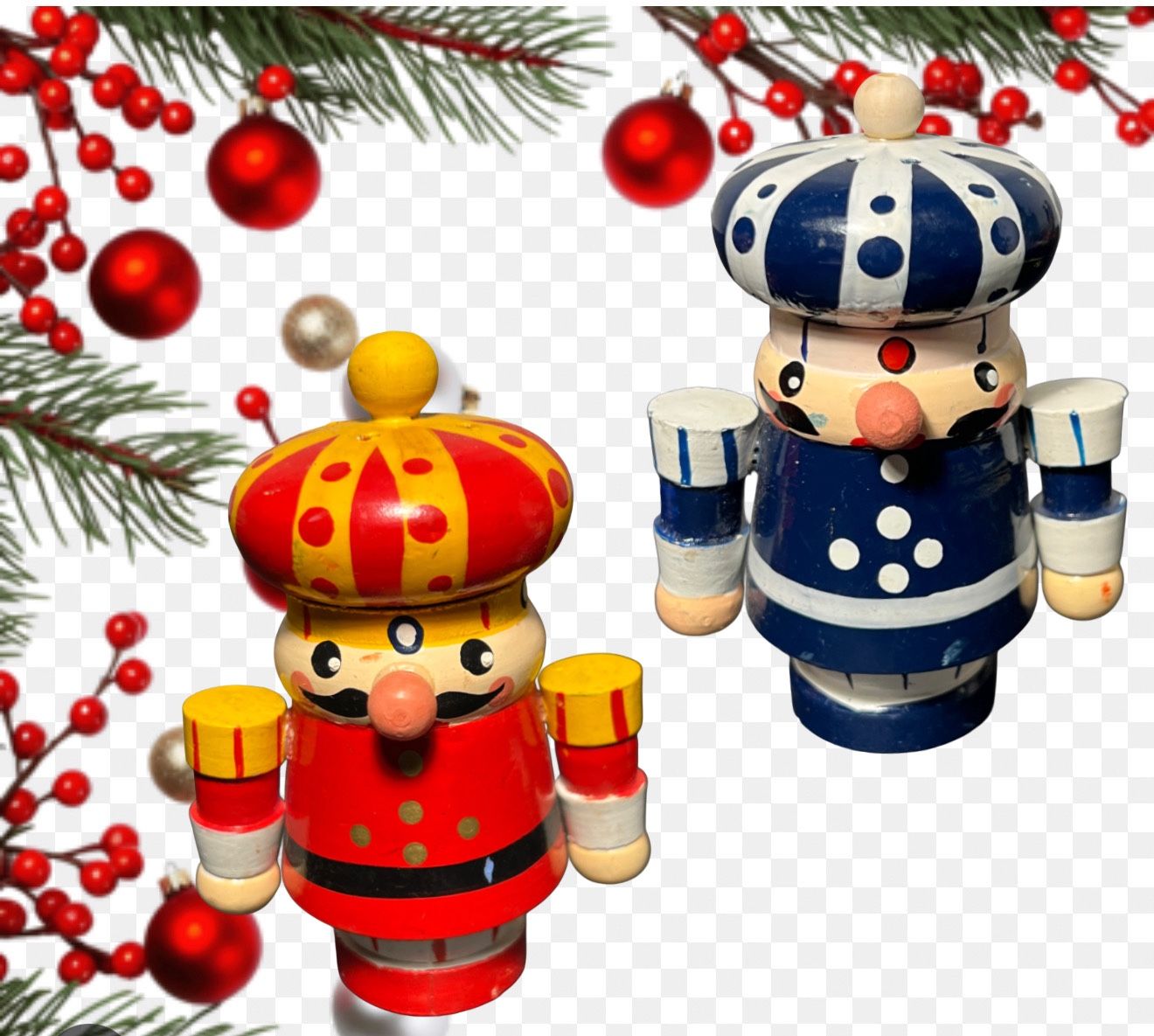 Vintage 1980s 2 Wooden Nutcracker King Red Blue Figurines, 4.5”