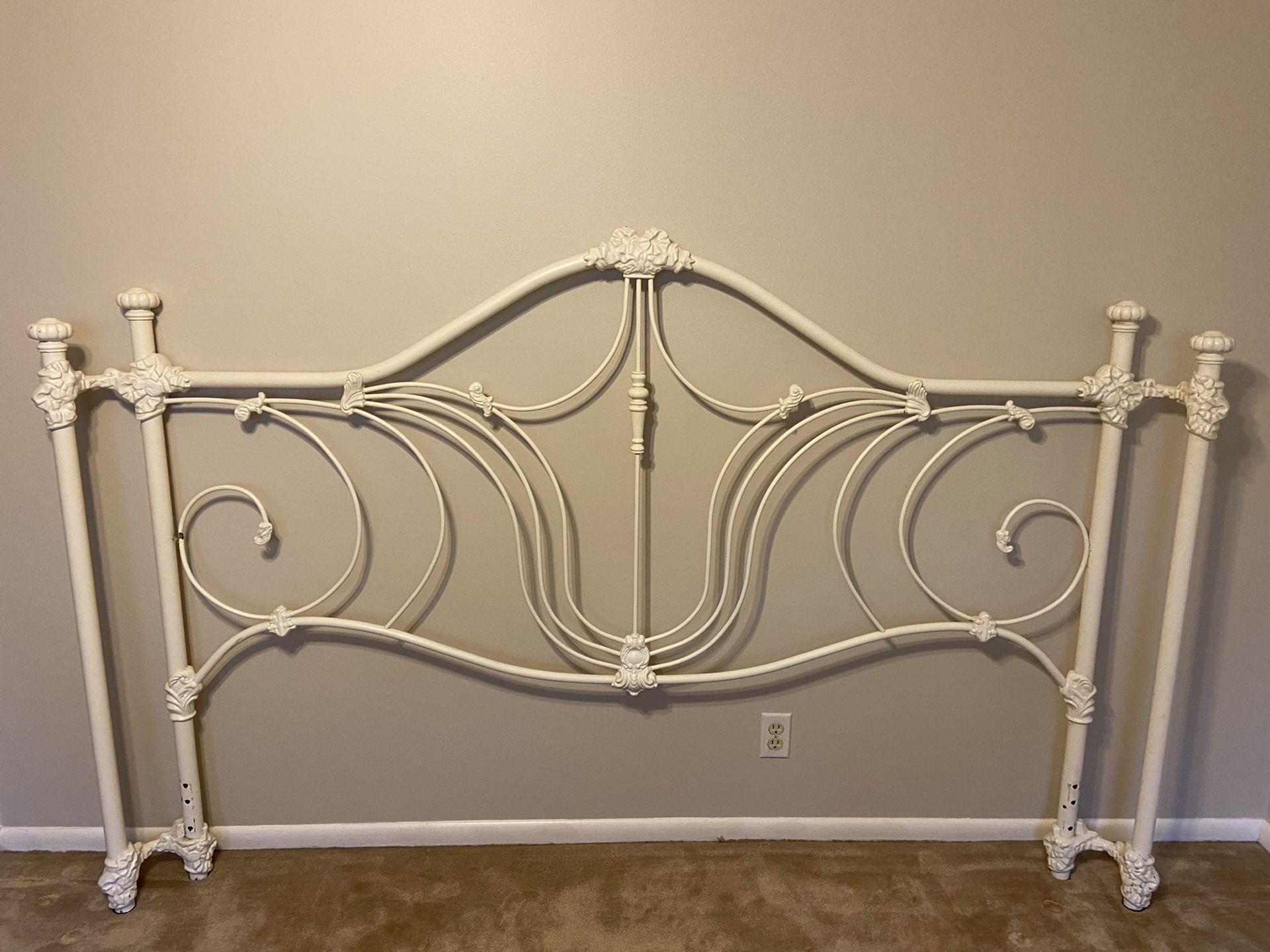 Vintage king size white enameled iron bed with rails for sale