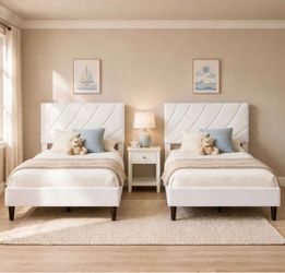 2pcs Twin Bed Frame with Adjustable Headboard,White Linen Fabric,Upholstered Platform bed,Spiral Shell Texture Tufted ,No Box Spring needed,6 Inch Und
