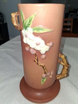 Roseville Pottery 9" Tall Vase with Handles. Apple Blossom Pattern
