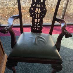Antique wooden table with drawers and 2 matching antique wood chairs 
