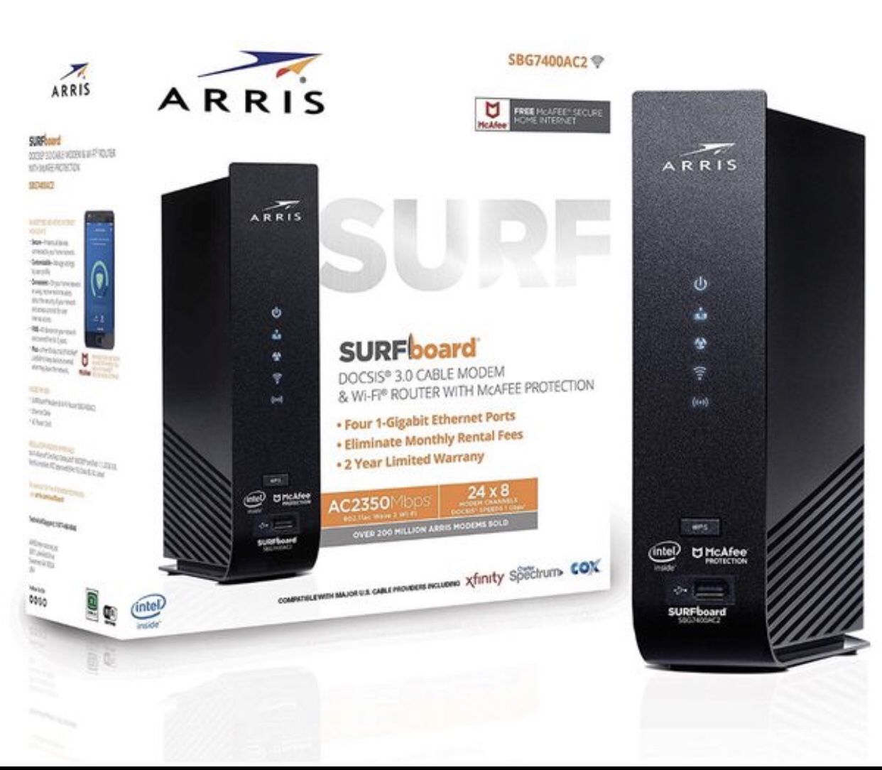 ARRIS SURFboard 24x8 DOCSIS 3.0 Cable Modem Plus AC2350 Dual Band WiFi Router Model SBG7400AC2