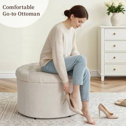 25" Round Ottoman with Hidden Storage, Ottoman Foot Rest & Storage Stool for Blanket, Chenille Fabric Foot Rest for Couch, Bedroom, Living Room, Corne