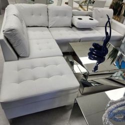 White Leather Sectional New Storage Sofa Cup Holders 