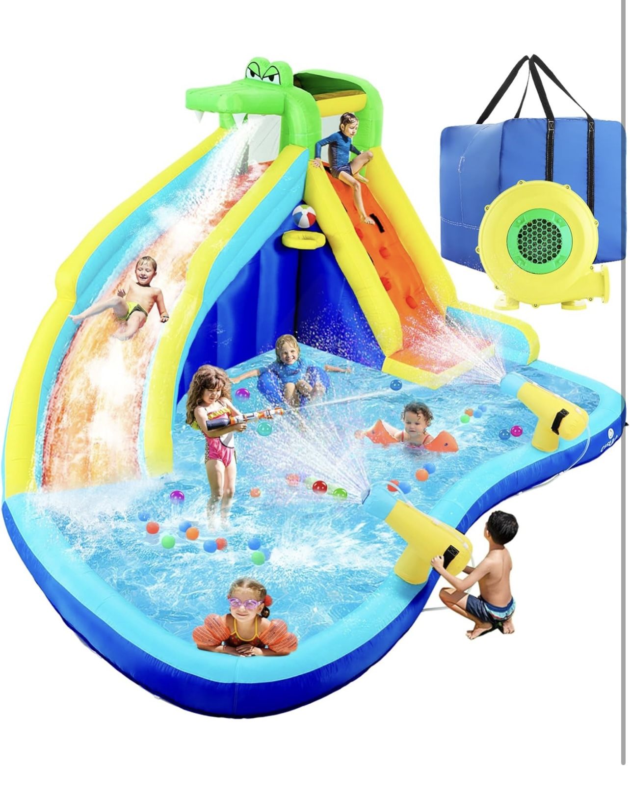 ROOJER Inflatable Water Slide Park for Kids Backyard 8-in- 1 Blow Up Crocodile Spray Slide with 450W Blower, Splash Pool, Climbing Wall, Water Cannon,