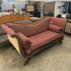 Delivery is available American Empire Style Sofa W/ Elegant Striped Upholstery. Diamond Roll Wooden Twist Back