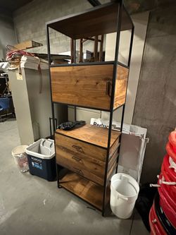 Crate and Barrel Knox Black Trim + Walnut Tall Storage Bookshelf.