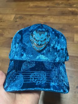 Blue Velvet Baseball Cap with Rhinestone Emblem