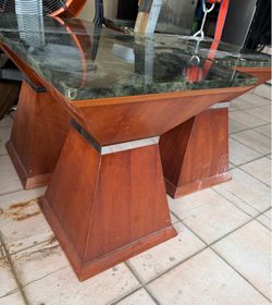 Modern Wood & Green Granite End Table – Heavy, High Quality