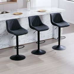 Swivel Adjustable Bar Stools Set of 3, Counter Height Barstools with Back and Footrest, Faux Leather Barstool,Upholstered Modern Armless Bar Stools fo