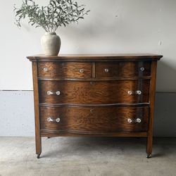 Vintage Tiger Oak Serpentine Dresser with Glass Pulls