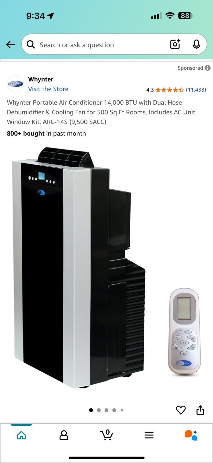 Whynter Portable Air Conditioner 14,000 BTU with Dual Hose Dehumidifier & Cooling Fan for 500 Sq Ft Rooms, Includes AC Unit Window Kit, ARC-145 (9,500
