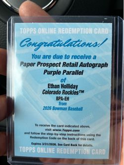 2026 Bowman - Ethan Holliday - Paper Prospect Auto Purple /250 (Redemption)