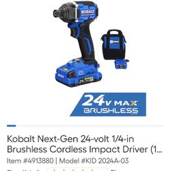 1/4" Impact Driver 24 Volt New with Battery, Charger, and Soft Bag