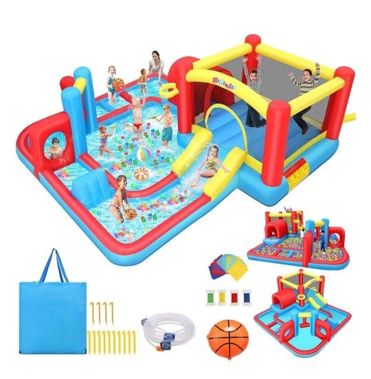 Inflatable Bounce House Water Slide, Adventure A-Maze Waterslide,Obstacle Bounce House w/Slide for Racing Fun, Climbing, Jumping Castle House,Splash