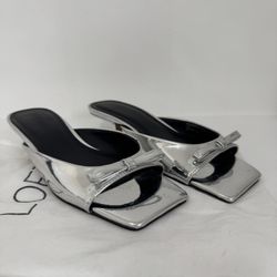 Steve Maden Women’s Size 5.5 Meme Silver Bow Kitten-heel Sandals Square Toe