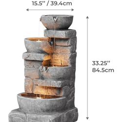 Home 33.25 in. Cascading Bowls and Stacked Stones LED Outdoor Water Fountain for Gardens, Landscaping, Patios, Balconies, and Lawns for a Calming Oasi