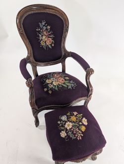 Vintage Rococo Style Armchair and Ottoman Set with Floral Needlepoint Upholstery