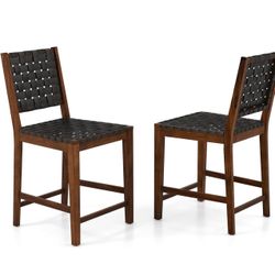 COSTWAY 24 Inch Woven Bar Stools Set of 2, Counter Height Bar Chairs with High Backrest, Footrest, Farmhouse Faux Leather Barstools for Dining Room, K