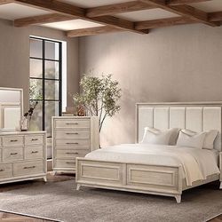 4 PIECE QUEEN SIZE BEDROOM SET BED DRESSER MIRROR NIGHTSTAND RECAMARA CAMA TOCADOR NATURAL OAK FINISH