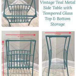 Freshly Painted Vintage Teal Metal Side Table with Tempered Glass Top & Bottom Storage