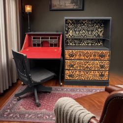 Hand Painted Secretary’s Desk With Chair And Book Case