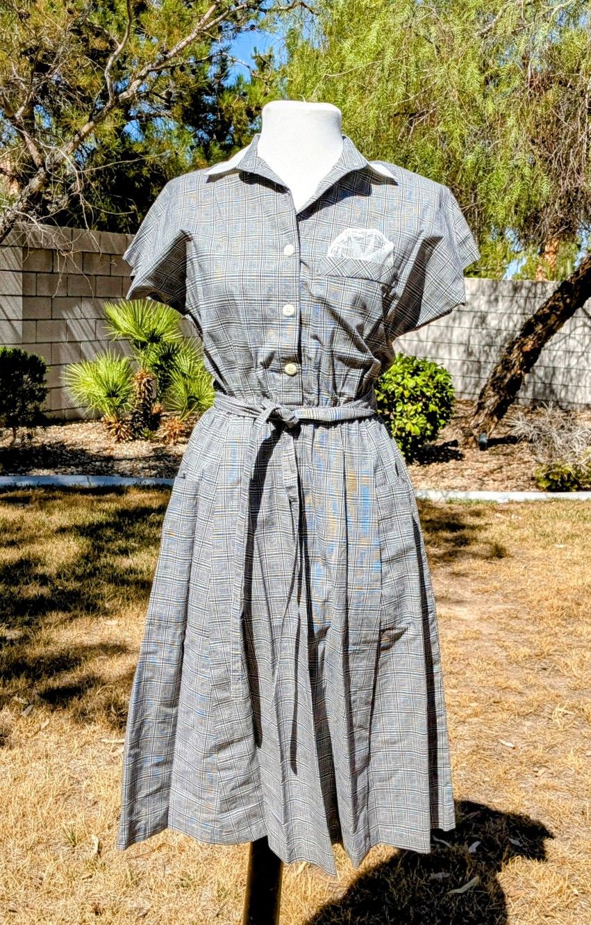 1980s Nahana Co Rockabilly Petite Sz 6 Grey Crosshatch Button Midi Dress GUC