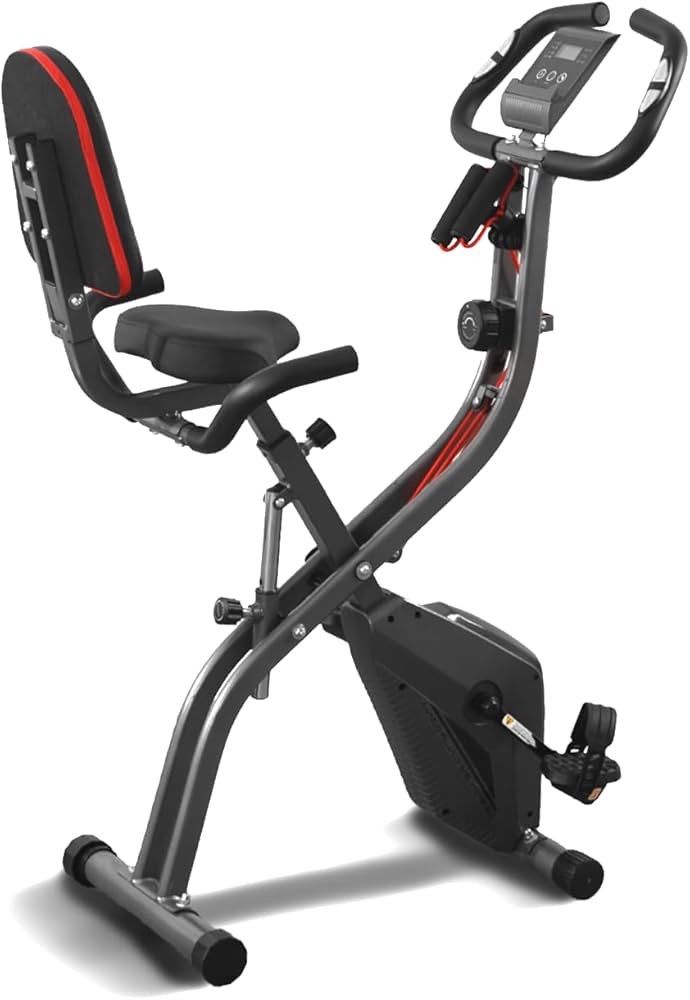 Bike Stationary Bike Folding Exercise Bike with 10 Level Adjustable Magentic Resistance Support Back Pad and Phone/Tablet Holder Arm Resistance Band P