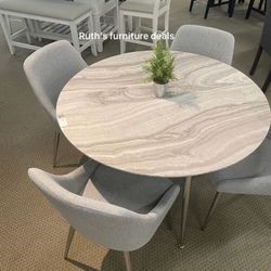 Modern 5-pc Dining Set White Faux Marble Table Top With Grey Fabric Upholstered Chairs