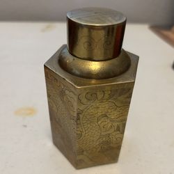Nice Antique Tea, Canister, Vintage Brass Tea, Caddy With Dragons, Edging, Engraved Dragon 5 Inches Tall