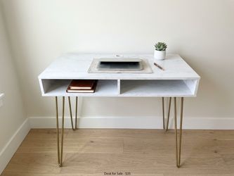 Modern White Marble-Pattern Desk with Gold Hairpin Legs