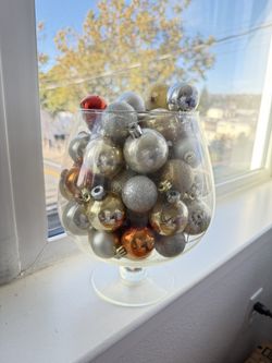 Glass Pedestal Vase with Christmas Ornaments 10”H