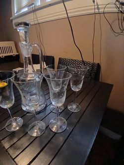 Wine set Crystal butterflies etched in the glass cups and the Pitcher.