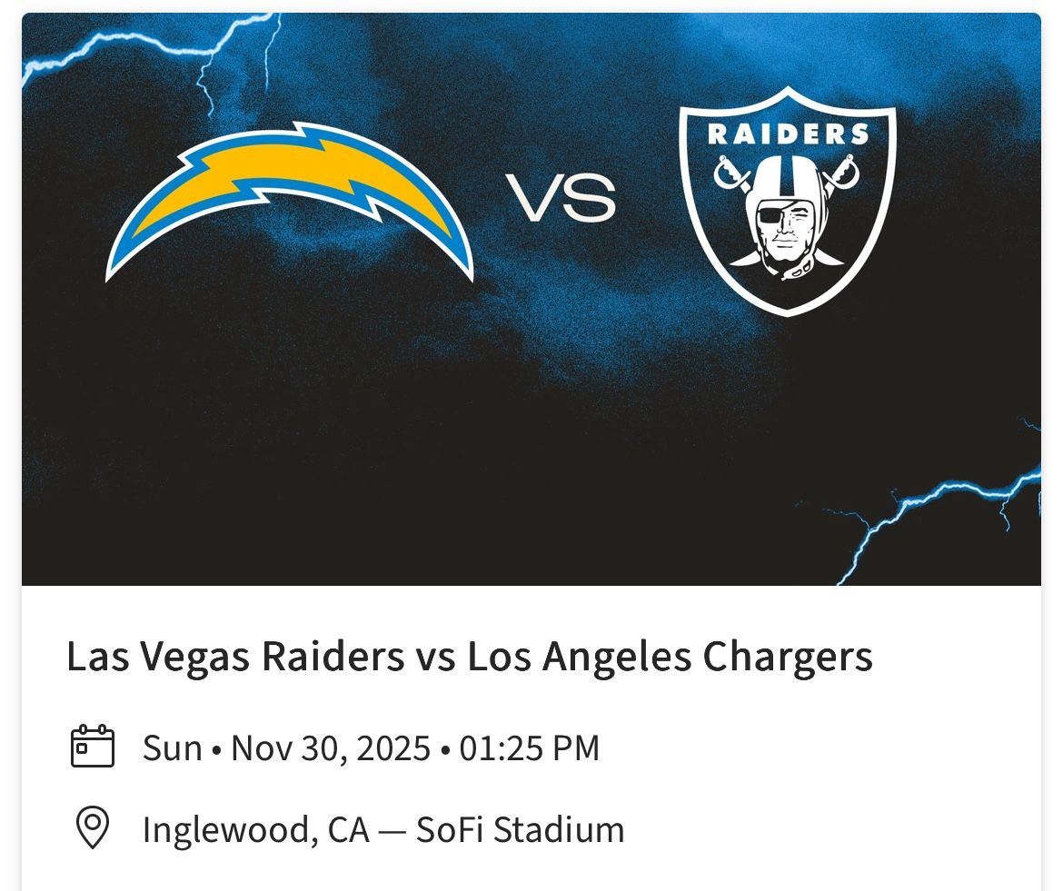 Raiders Vs Chargers November 30th 1:25pm Sec 340 Row 5,