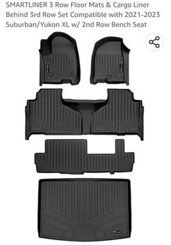 SMARTLINER 3 Row Floor Mats & Cargo Liner Behind 3rd Row Set Compatible with 2021-2023 Suburban/Yukon XL w/ 2nd Row Bench Seat