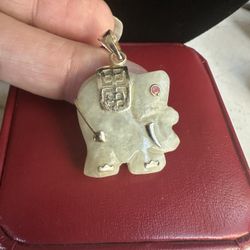 925 Sterling Silver / Light Gold Over , Genuine Jade Elephant With Ruby Eye, Pendant , Marked 925 A, Love This !! 