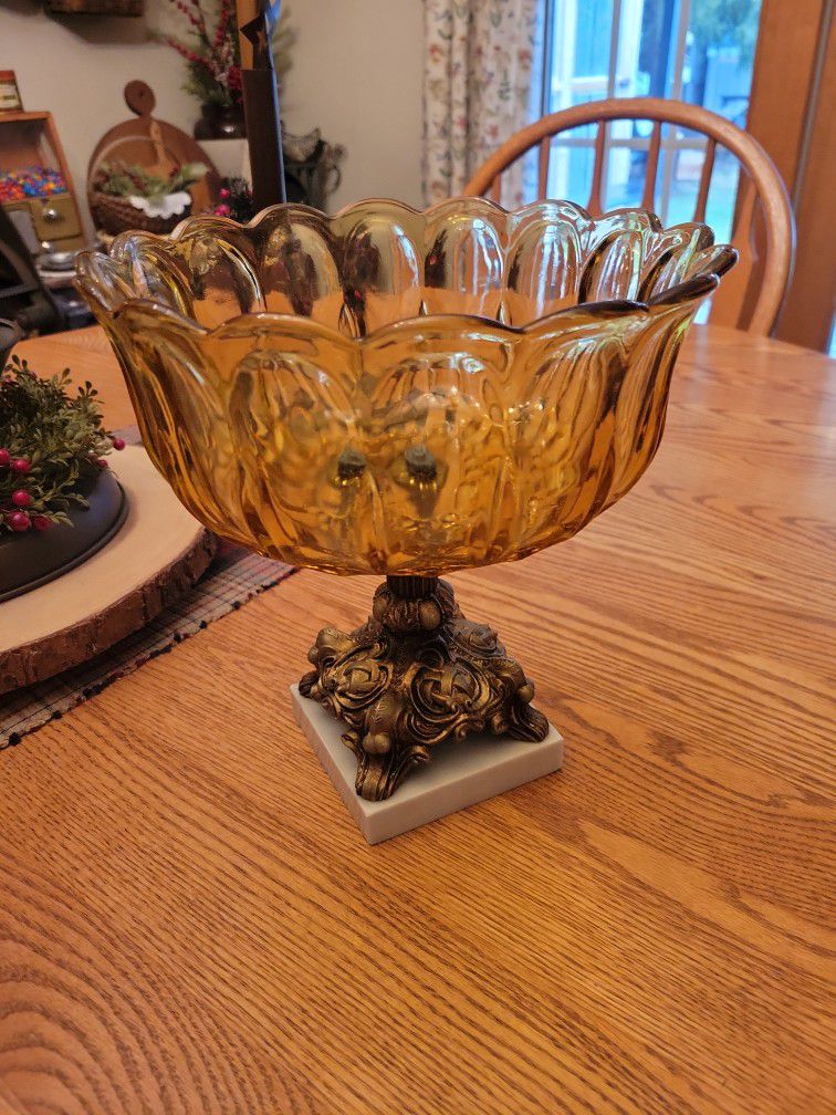 Vintage Art Glass Compote With Matble Base