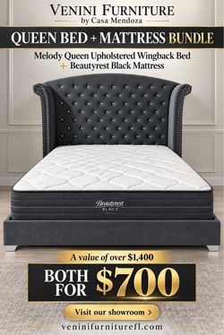 Queen Upholstered Wingback Bed + Beautyrest Black Mattress Bundle