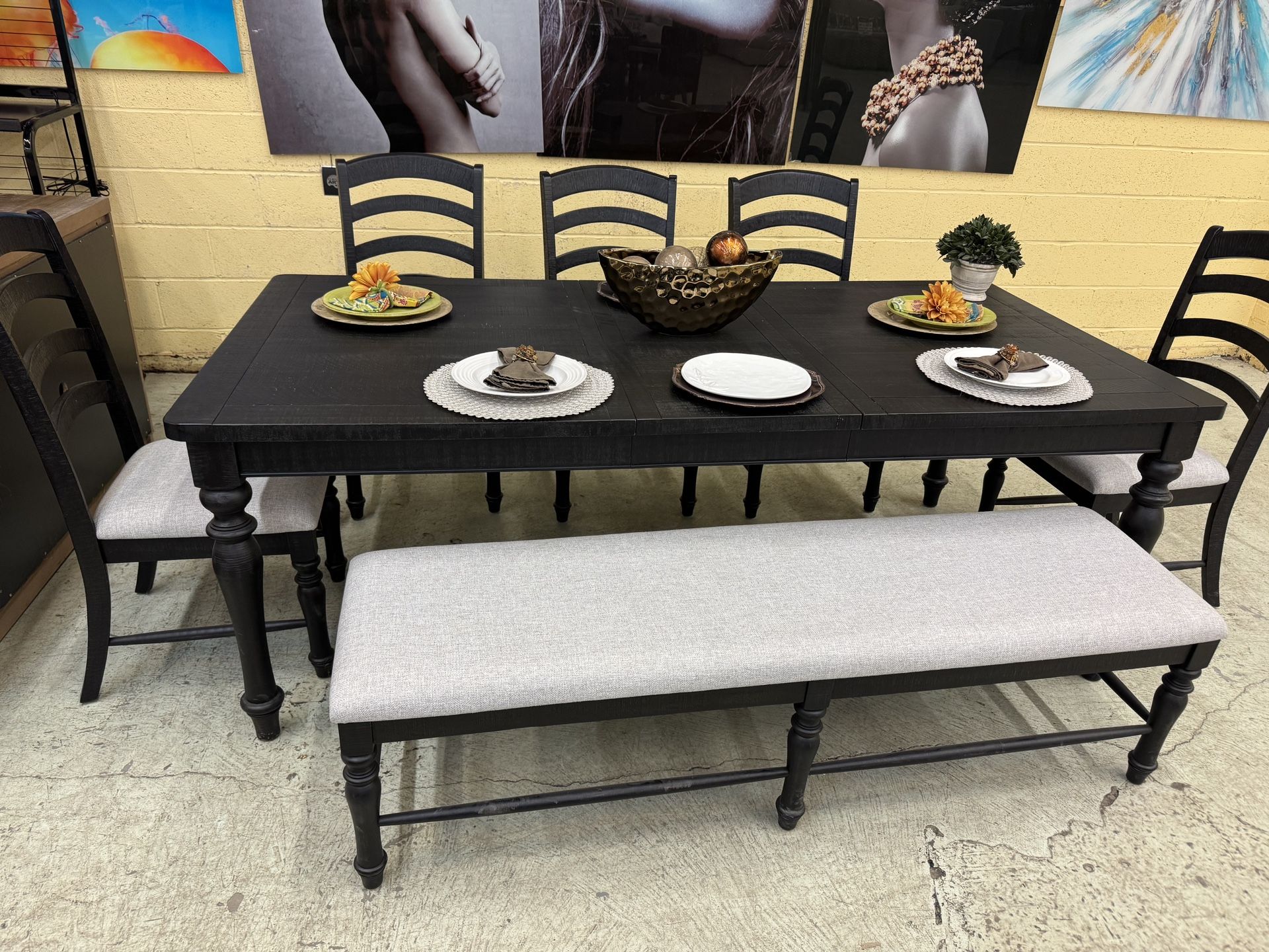 84 Inch Black Table With Leaf, 5 Chairs And A Bench