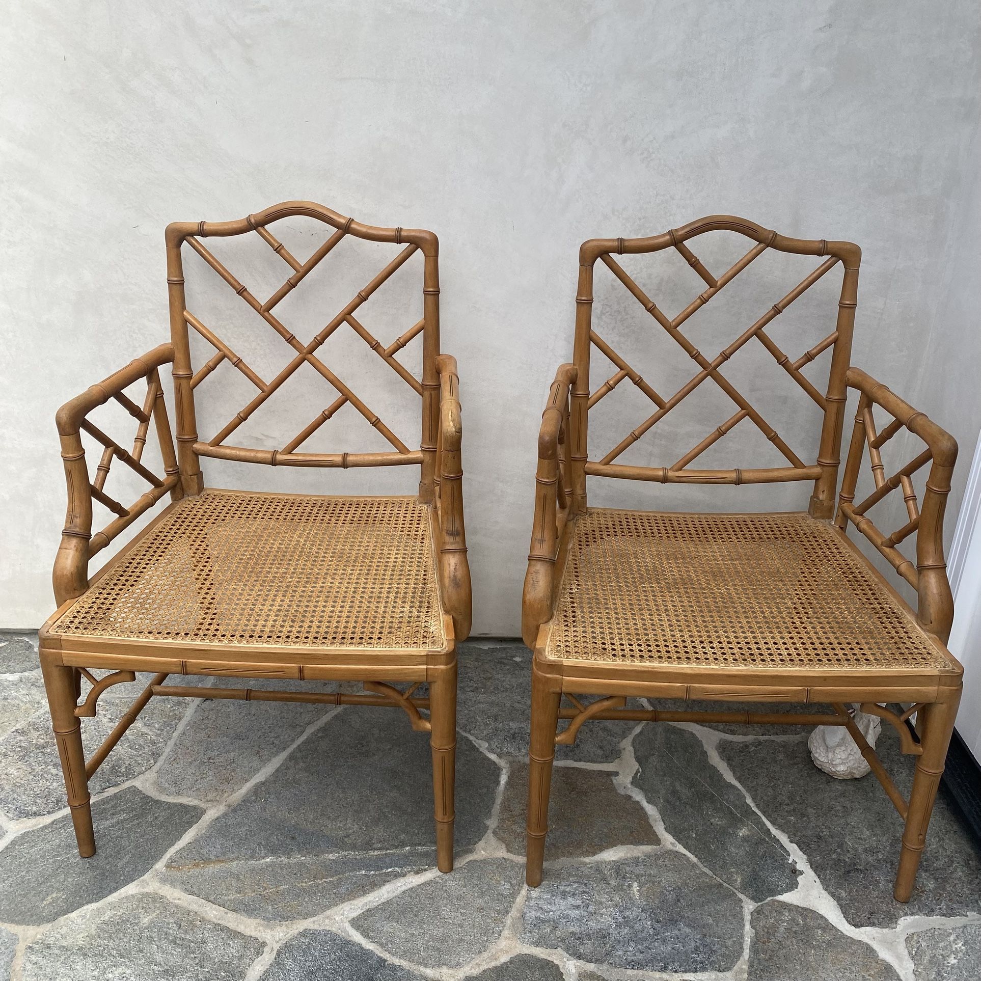 Pair Of Faux Bamboo Chinese Chippendale Arm Chairs-Set of 2