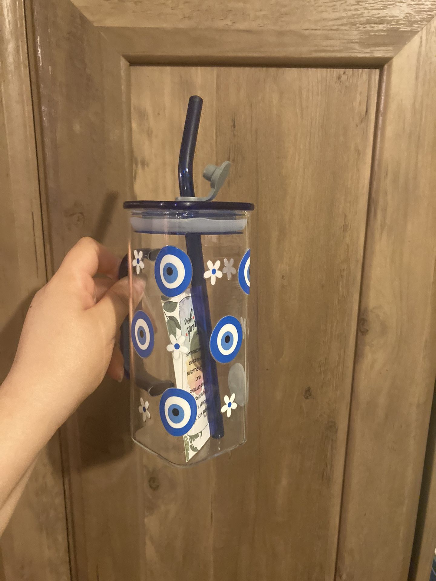 Cute glass cup with glass straw and lid. 🧿🌼