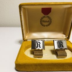 VTG HICKOK Monogram Personalized Two-Tone Surname "R " Initial Cuff Links w/Case